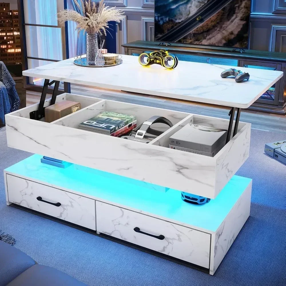Mesa de centro elevatória de 40 polegadas, mesa de centro da sala de estar com armazenamento, mesa de centro pequena com 2 gavetas e luz LED
