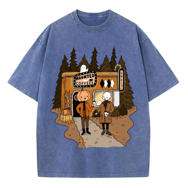 Halloween Pumpkin Print Spoof T-Shirt Ladies Washed Oversized Stretch Short Sleeve Arajuku Style American Vintage Top