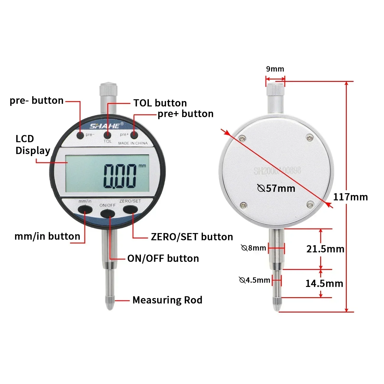 SHAHE Electronic Digital Indicator 0-12.7 mm 0.01 Precision Tools Digital Dial Gauge Digital Dial Indicator