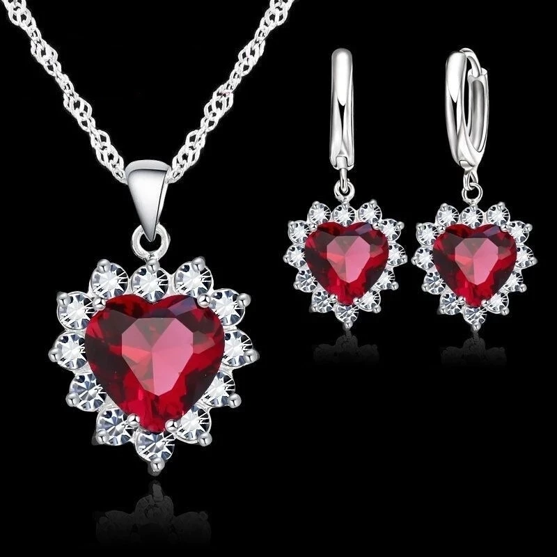 New Trendy 925 Sterling Silver Jewelry Set for Women Heart CZ Stone Charm Pendants Necklaces Earrings LOVE Anniversary Gifts