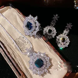 Women Sri Lanka Blue Snowflake Gemstone Earrings Austrian Plated 18K Gold Flossom Zircon Necklace