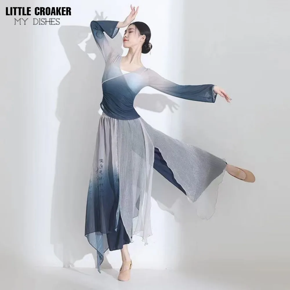 Costume de séparés euse en gaze de style chinois pour la pratique de la danse classique, haut Hanfu, jupe imprimée en maille, pantalon, tenue