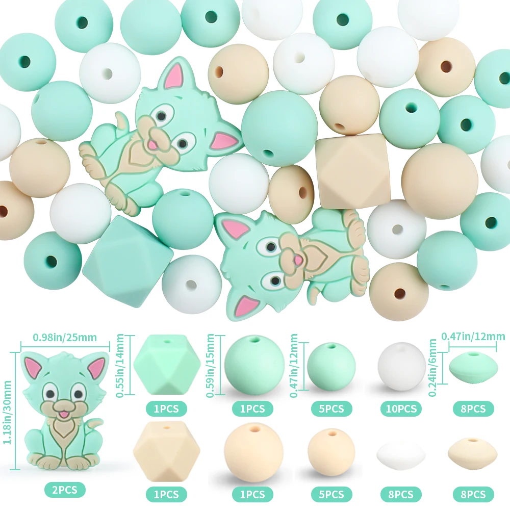 50Pcs/Set kittens Silicone Beads Sets Baby Round Teething Beads Teether Food Grade DIY Pacifier Clips Bracelet Keychain Supplies