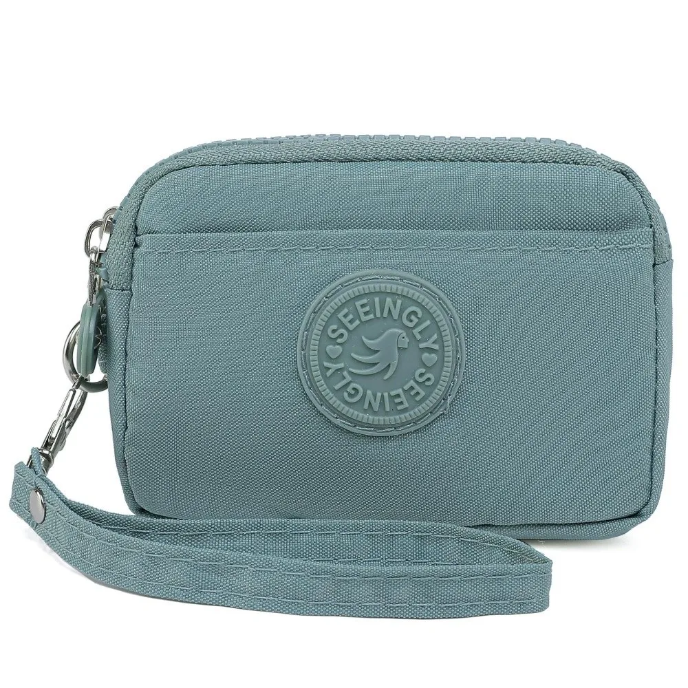 Dompet Wanita Warna Solid Portabel dengan Tali Penyandang Tempat Kartu Kredit Lapisan Ganda Dompet Koin Nilon Tahan Air Wanita