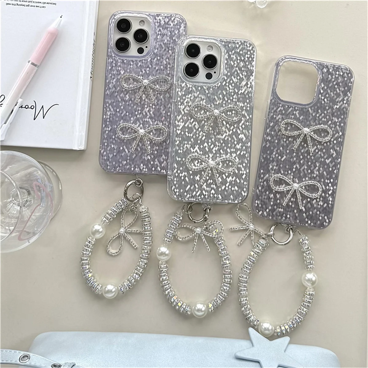 

Korean Ins Glitter Cute Bowknot Phone Case For iPhone 16 Pro 15 14 13 Pro Max Cover with Chain Strap Protective Cases