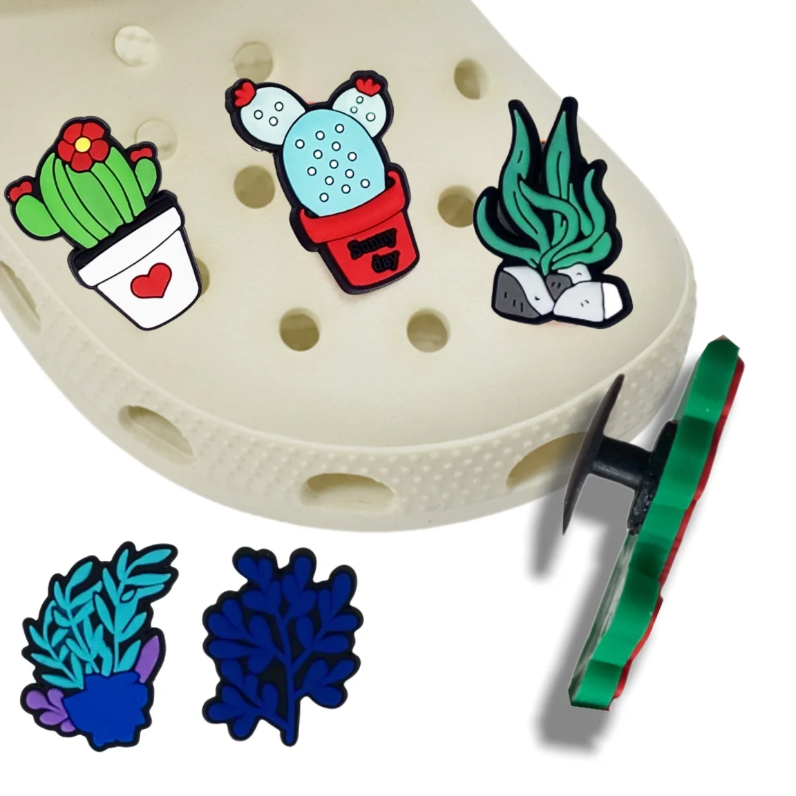 Singel venta de dijes de zapatos de Cuctus verde de dibujos animados, plantas de agua azules, decoraciones de hebilla de zapato de PVC DIY aptas para Croc JIBZ, regalos de fiesta para niños