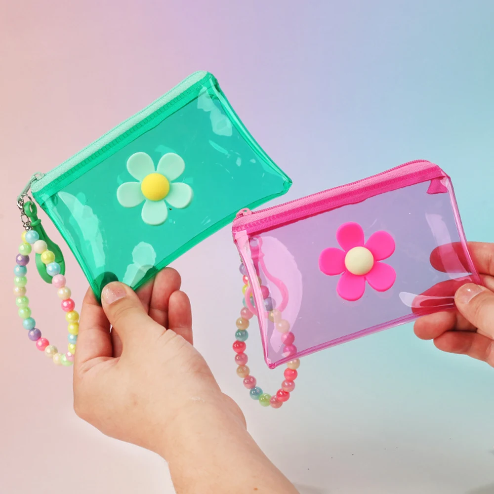 Hot Sale Flowers Coin Purse Card Holder Bag Wallet Storage Pouch Transparent Key Bag Pouch Zipper Portable PVC With Bead Chain
