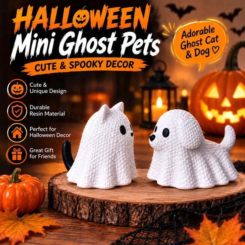 Halloween 3D Printed Mini Ghost Cat & Dog Figurines, Cute Spooky Ghost Pet Ornaments, Micro Landscape Party Halloween Decoration