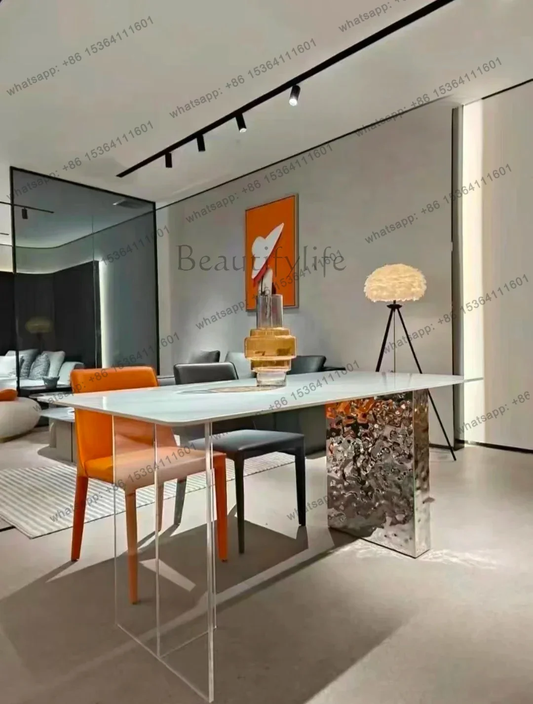 Acrylic Suspended Water Ripple Light Luxury Rock Slab Dining Table Cream Wind Small Apartment Modern Simple Household