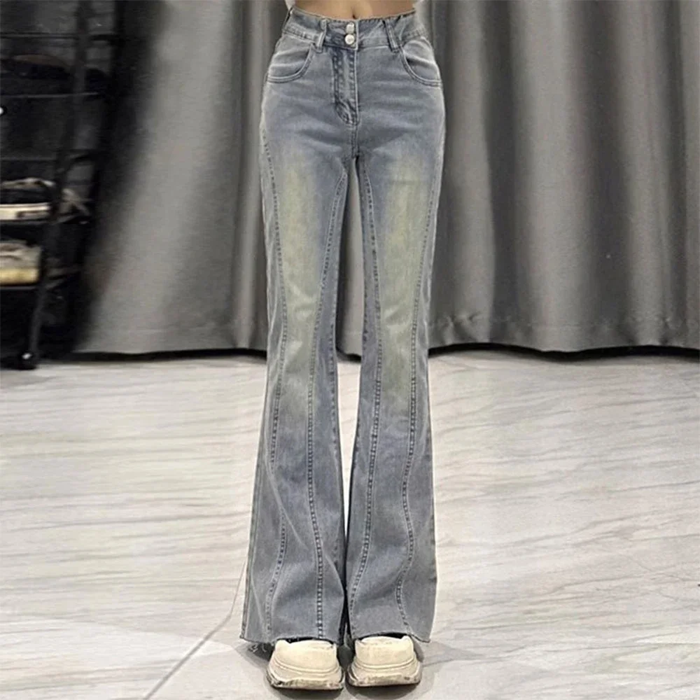 Botvotee Retro Light Blue Micro Flare กางเกงยีนส์ผู้หญิง Vintage Streetwear ขากว้าง Slim Fit Lady Elastic Hight เอว Denim กางเกง