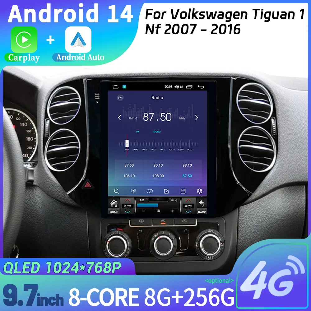 9.7inch For Volkswagen Tiguan 1 Nf 2007-2016 Android 14 Car Multimedia Radio GPS Navigation Stereo Wireless Carplay Touch Screen 