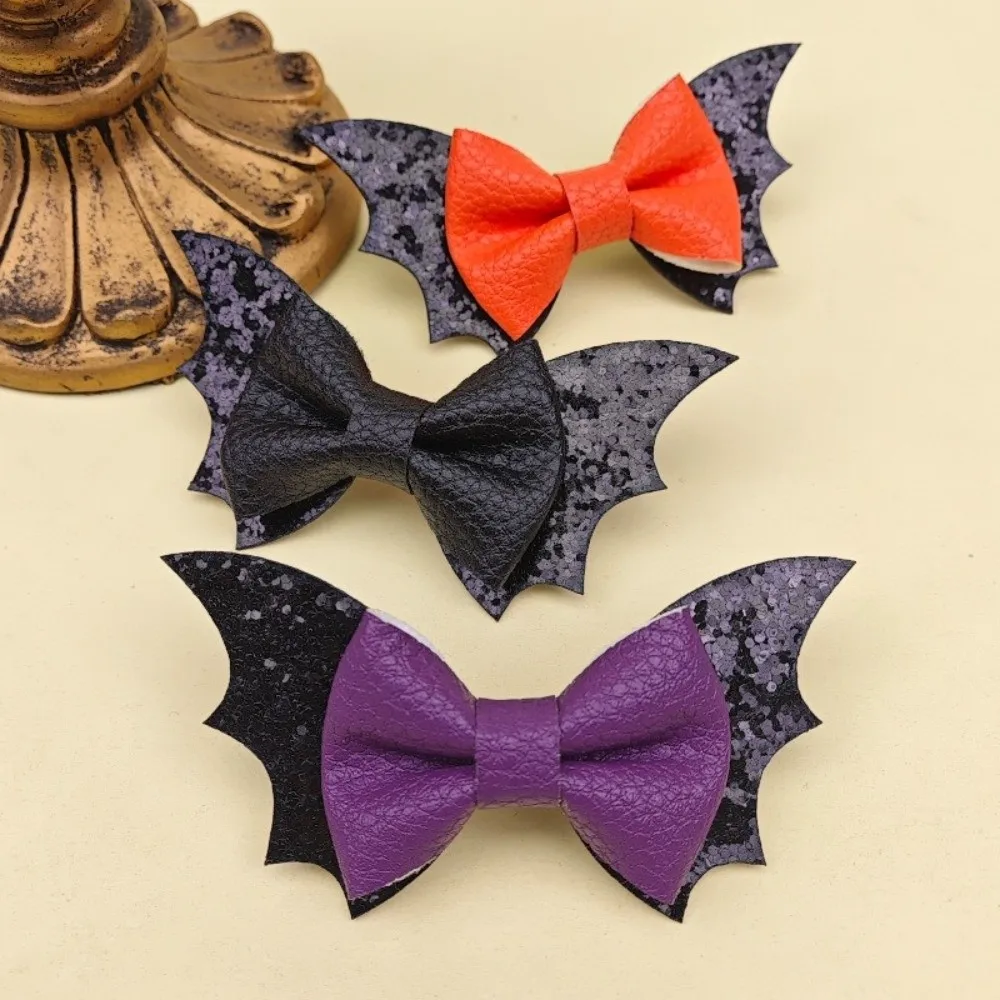 2 pcs/set Bow Bat Wing Hair Clips Double Layered Glitter Halloween Barrettes Black Color Unique Sequins Hairpin Girl view 4