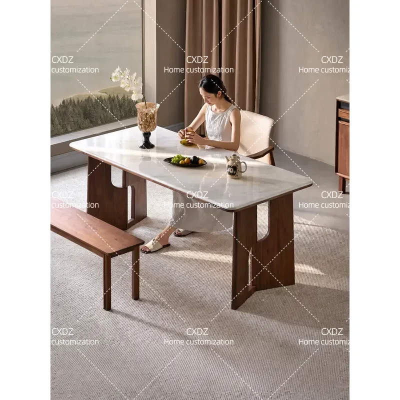 North American Black Walnut Luxury Stone Dining Table Natural Marble Rectangular Long Table for Household Light Luxury