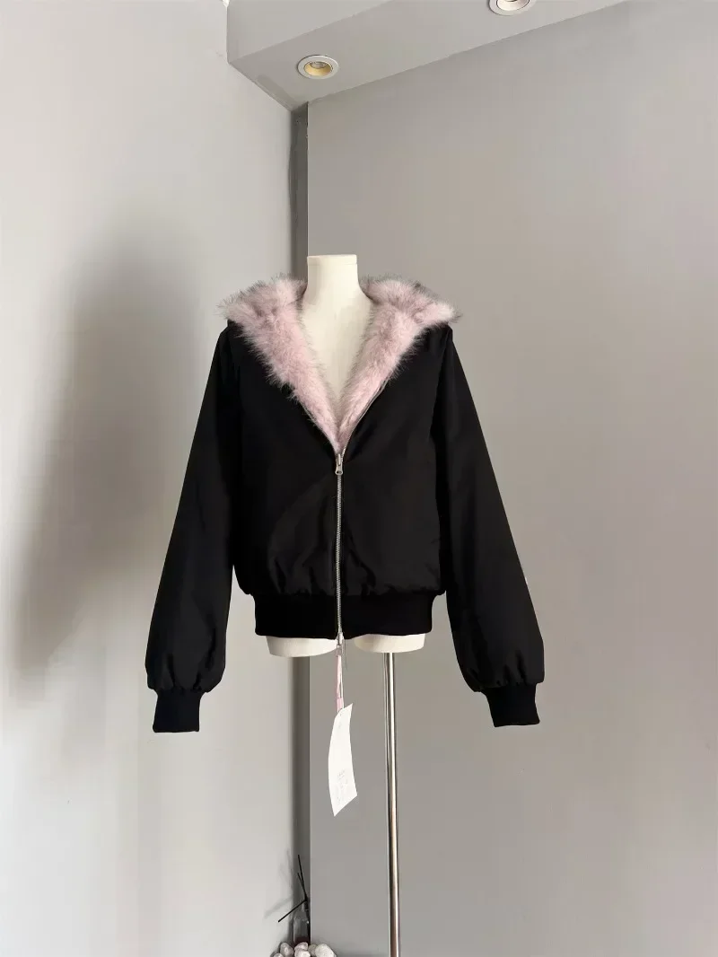 Miiiiix doce rosa reversível jaqueta de pele do falso moletom com capuz de pelúcia solto engrossar hoodies outerwear superior casaco de pele de inverno feminino