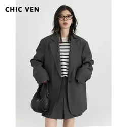 CHIC VEN Women's Blazer Loose New Single Button Jacket High Waist Pleated Skirt Female Clothing Set Spring Autumn 2024