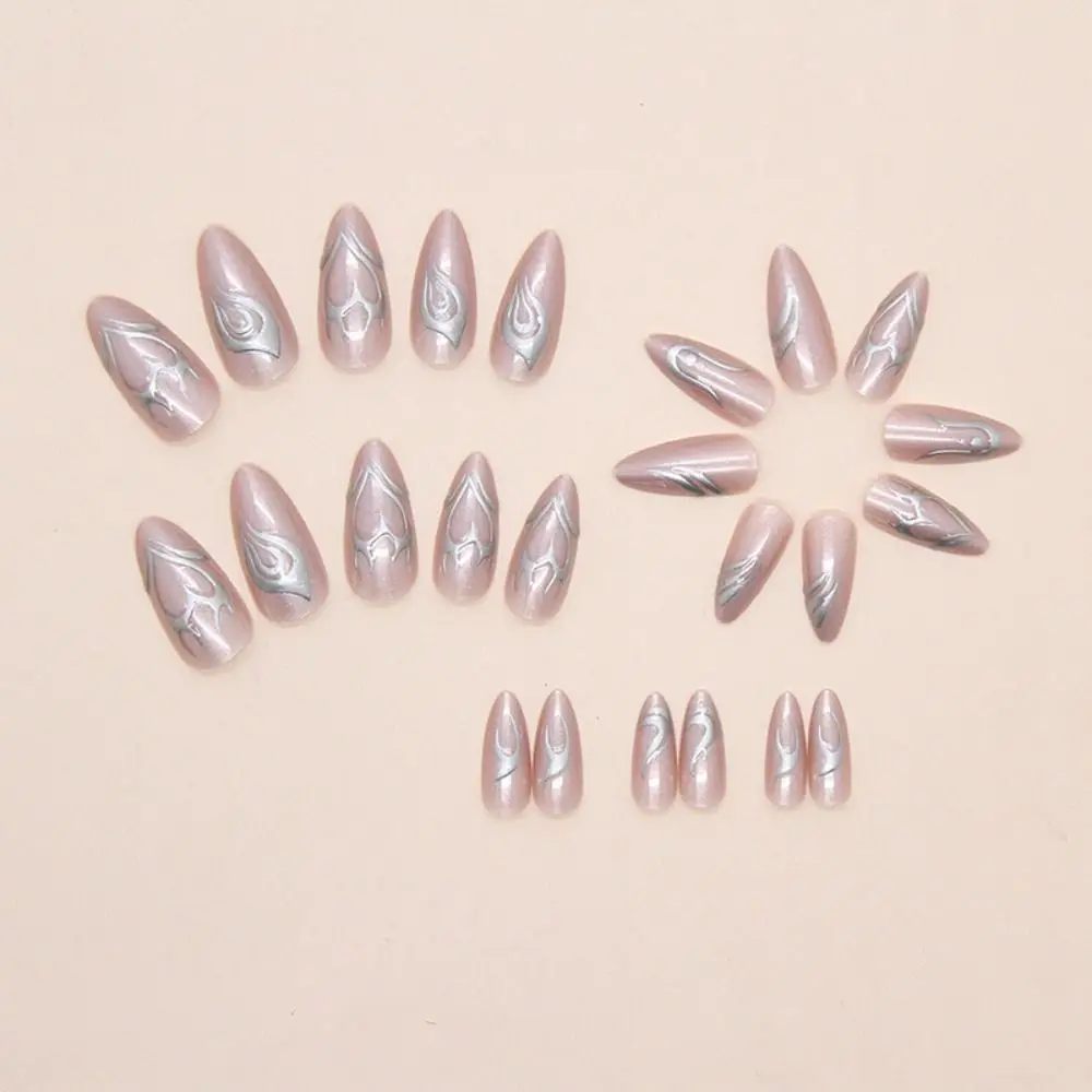 24pcs Manicure Long Almond False Nails Star Moon Cat Eye Press on Nails French Flower Nail Tips Women