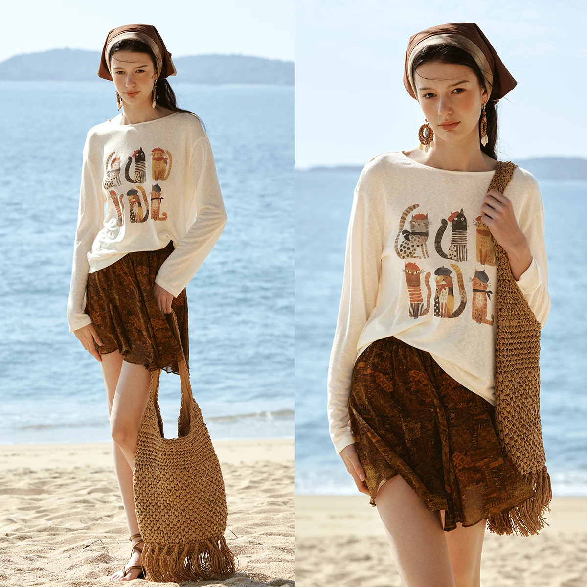 OLrain Women's Long Sleeve Top Autumn Apricot Lyocell Lazy Style Cat Print T Shirt 2026 Casual Loose Round Neck Tee O58XT003960