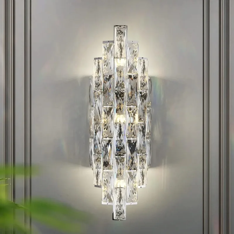 

Modern Bedside Crystal Sconces Chrome Wall Light for Living Room Bedroom Dining Hall Hallway Stairway Vanity Crystal Wall Lamps
