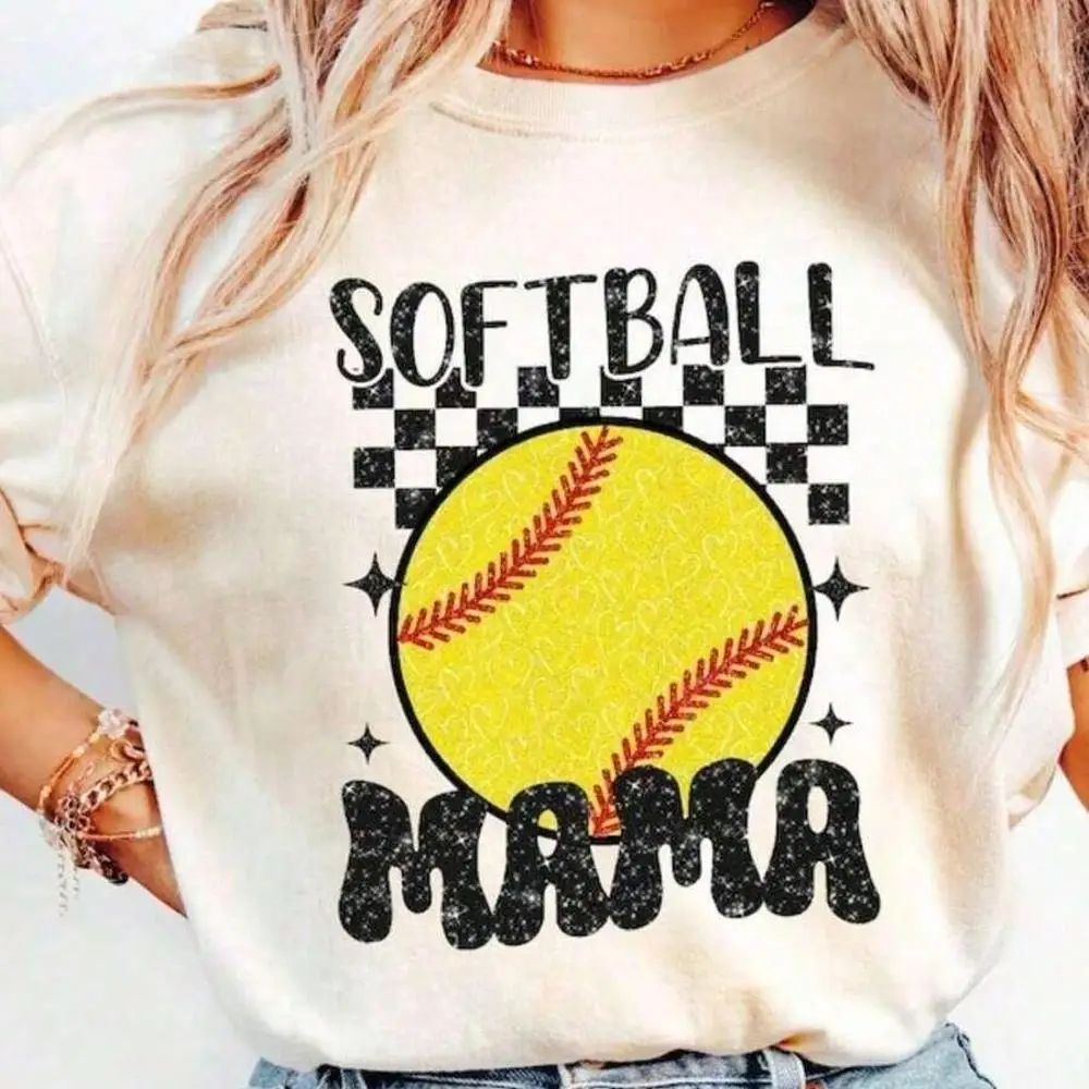 Summer Tops2026Retro Softball Mama Shirt, Softball Shirt,Sports Shirt, Retro Mom Shirt, Softball Mom Shirt, Gifts Mom,Faux Glitter,% Cotton Overs