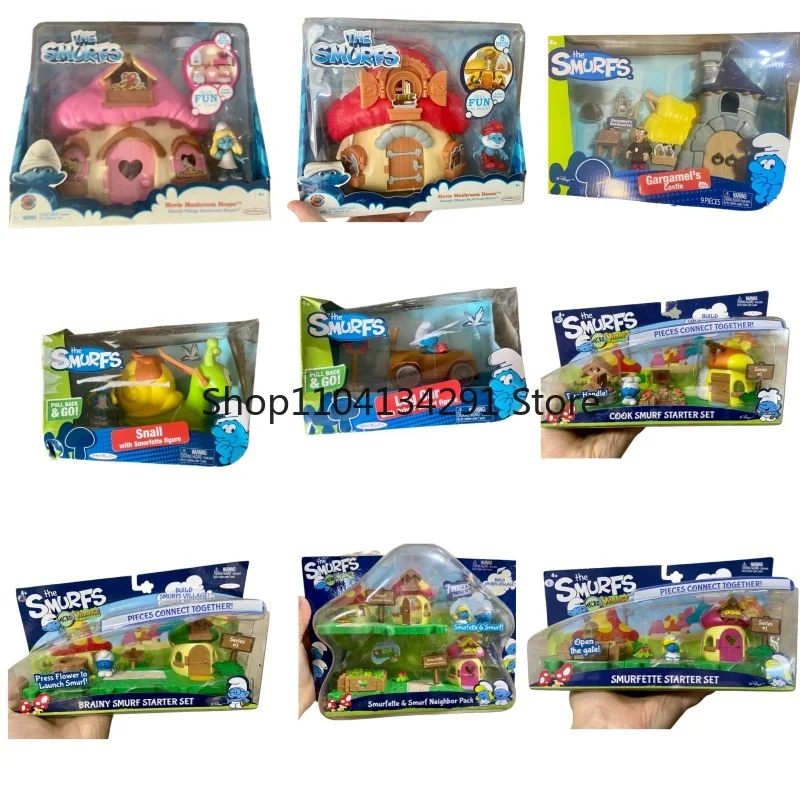 Giocattolo da esposizione originale della statuetta della casa dei funghi dell'animazione dei murfs per giochi di finzione, regalo di compleanno per bambini e da collezione