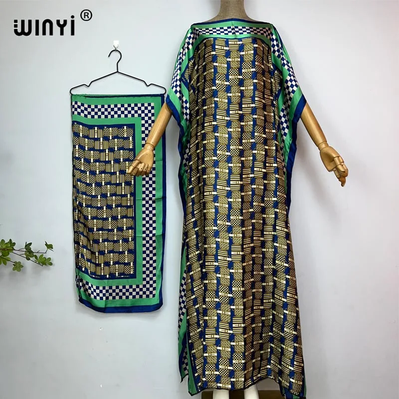 WINYI New Style Silk loose African Women Clothing Dubai Muslim Dashiki kaftan Retro print Design With Scarf Loose beach dress