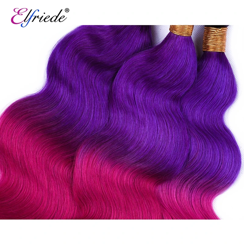 Elfriade-mechones de cabello humano ondulado con encaje Frontal, cabello humano Remy, color ombré # T1B/morado/Rosa rojo, 3 mechones, 13x4