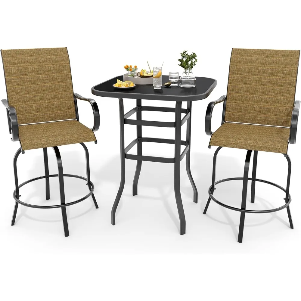 

3 Piece Patio Swivel Bar Sets, 3PCS Outdoor High Top Bar Set with 2 Outdoor Swivel Chairs and Glass Bar Table, Patio High Top Ba
