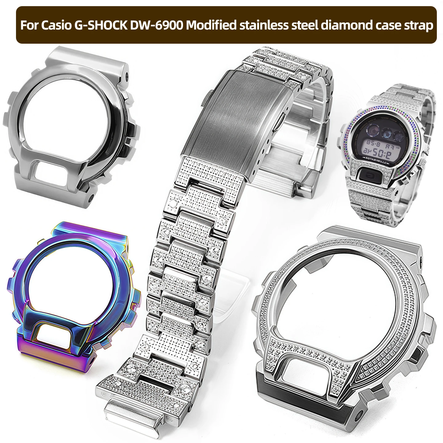 

Комплект для модификации часов Casio G-SHOCK DW-6900: корпус из нержавеющей стали с бриллиантами, ремешок, металлический корпус, безель, браслет, аксессуары для часов.