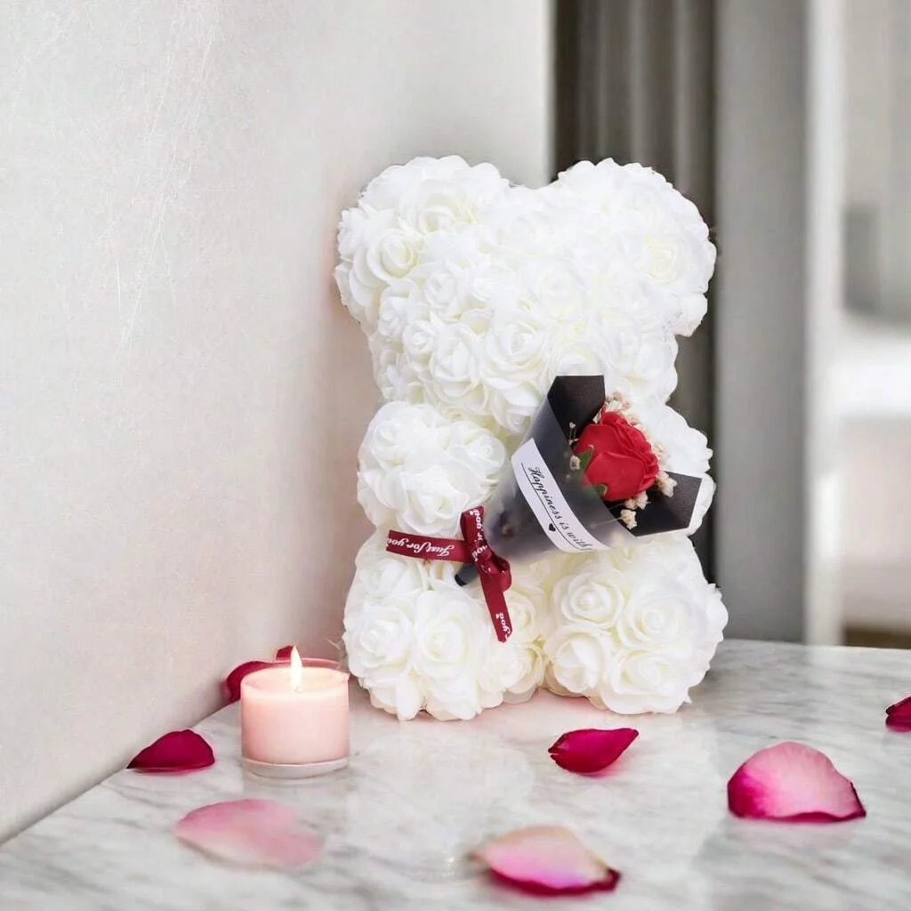 Foam rose teddy bear carry bouquet. Ideal for weddings, Mother\'s Day, thank you to nurses/teachers or other celebrations!