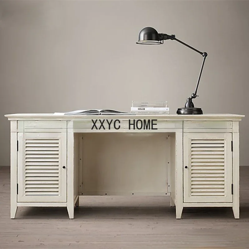 

American Country Solid Wood Desk Distressed Oak Shutter Door Writing Desk
