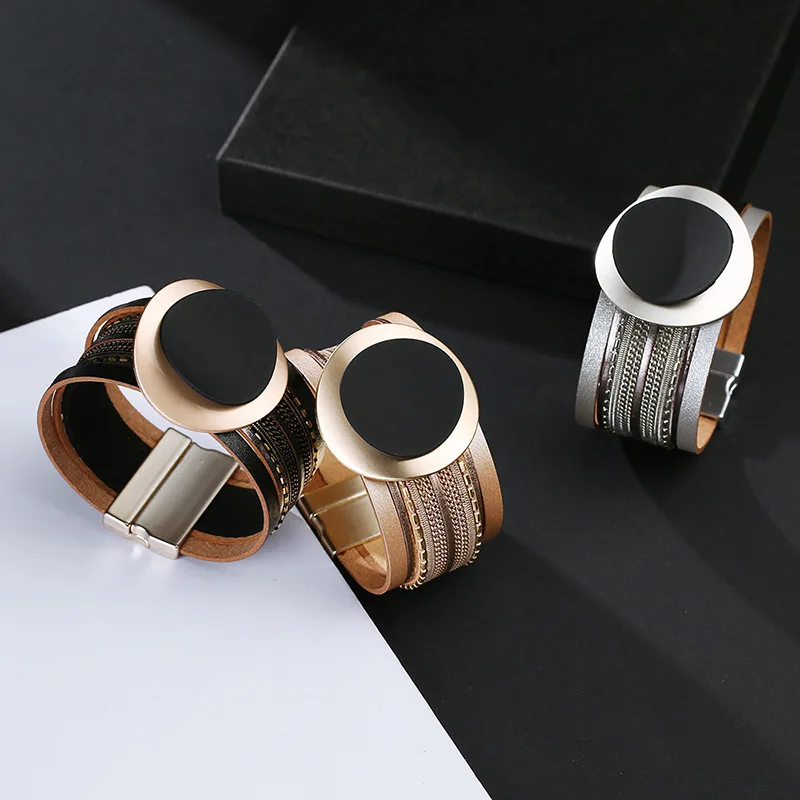 Kirykle Boho Leather Bracelet for Women 2023 Circle Matte Metal Board Charm Wide Bracelet Female Jewelry Girl Party Gift