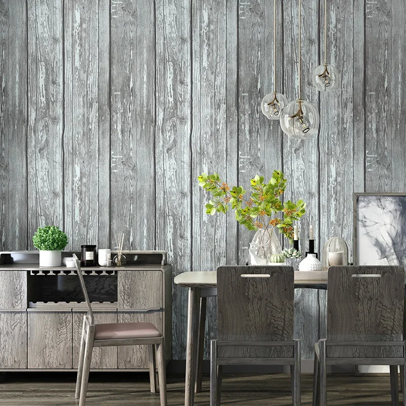 Retro-nostalgic 3D gray antique wood grain wallpaper industrial style restaurant living room clothing store Nordic style