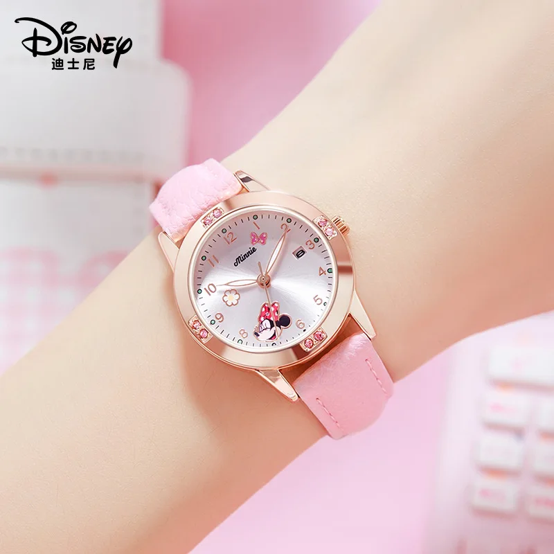 Disney Minnie Mouse Diamond Quartz Watch for Girls Cartoon Mickey Mouse Fashion Steel Belt Watch Children Birthday Gift