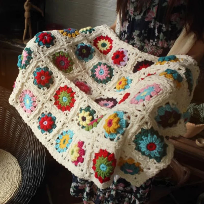 Handmade Crochet Daisy Granny Square Blanket Pattern Cushion Felt Rustic Crafts Home Life Gifts Home Decorations Sofa Blanket