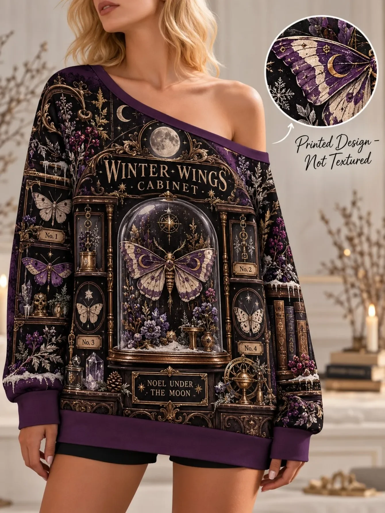 Women Solstice Magic Off Shoulder Sweatshirt, Sun Moon Galaxy Crystal Snowflake Winter Mountain Forest Graphic Long Sleeve Top
