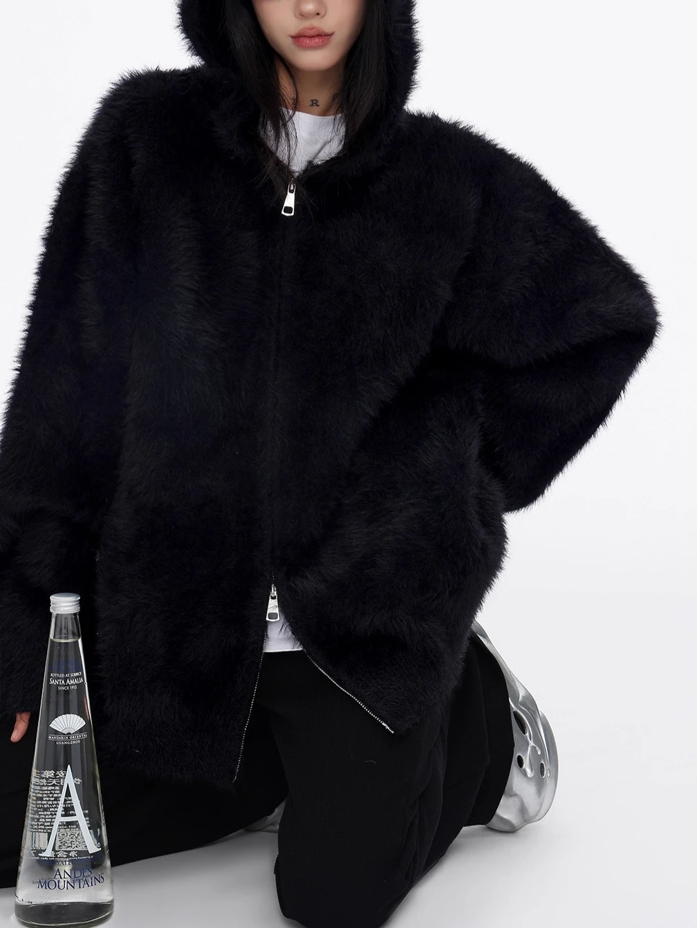 

American Cleanfit Lazy Sle Fake Fur High Collar Zipper Hoodie Men's Bla Loose Winter Streetwear Long Sve Sweatirt