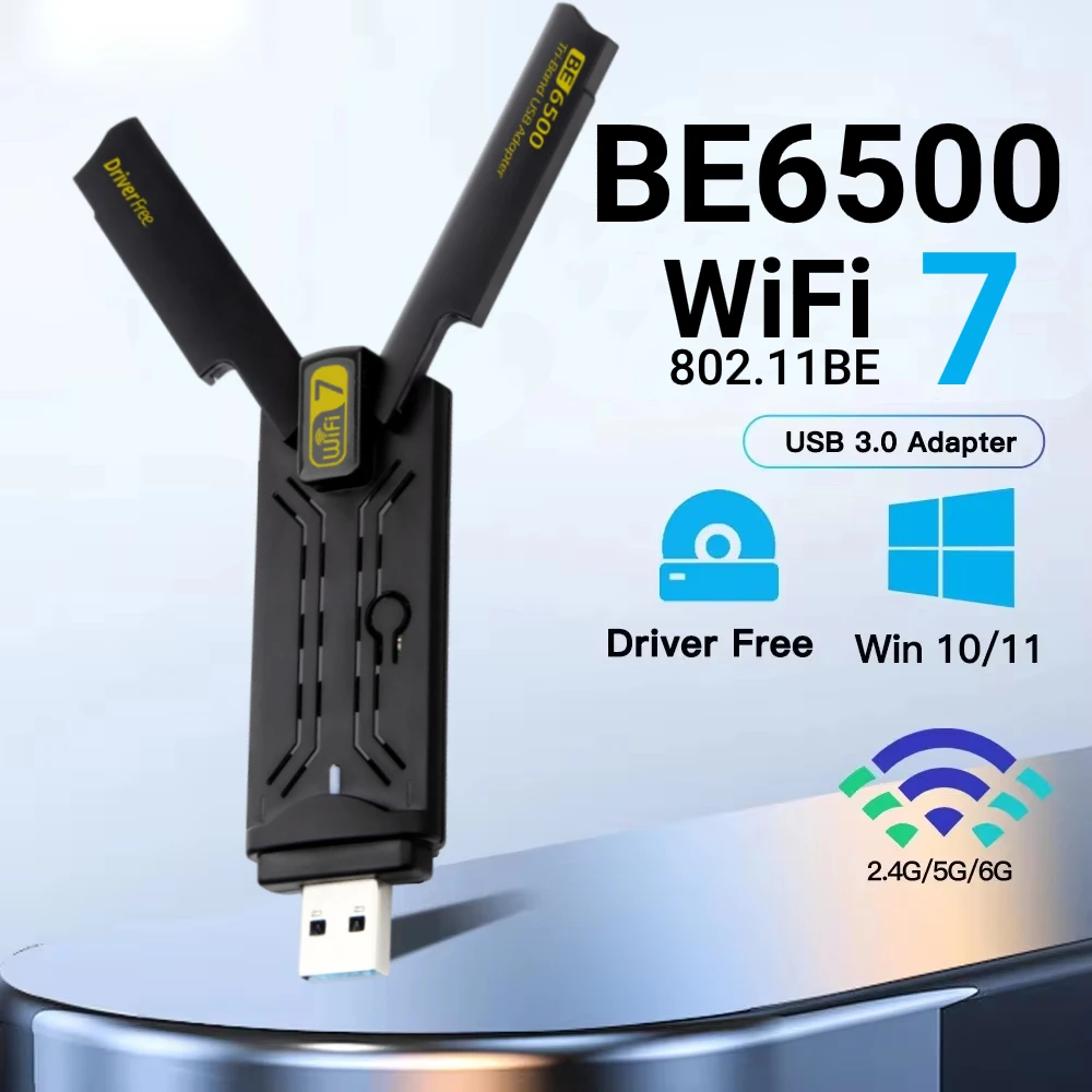 BE6500 Wifi 7 Network Card 2.4G/5G/6Ghz Wi-Fi Dongle 900Mbps Usb 3.0 Adaptador With High Gain Antennas For PC/Laptop Driver Free