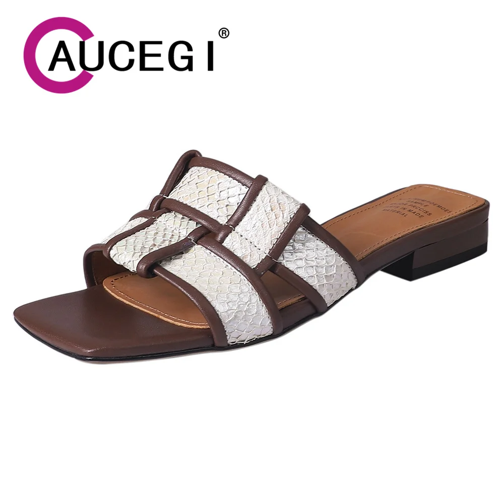 Aucegi Classic Style Fish-scale Microfiber Leather Slipper Sexy Square Peep Toe Summer Dating Party Low Heels Modern Women Shoes