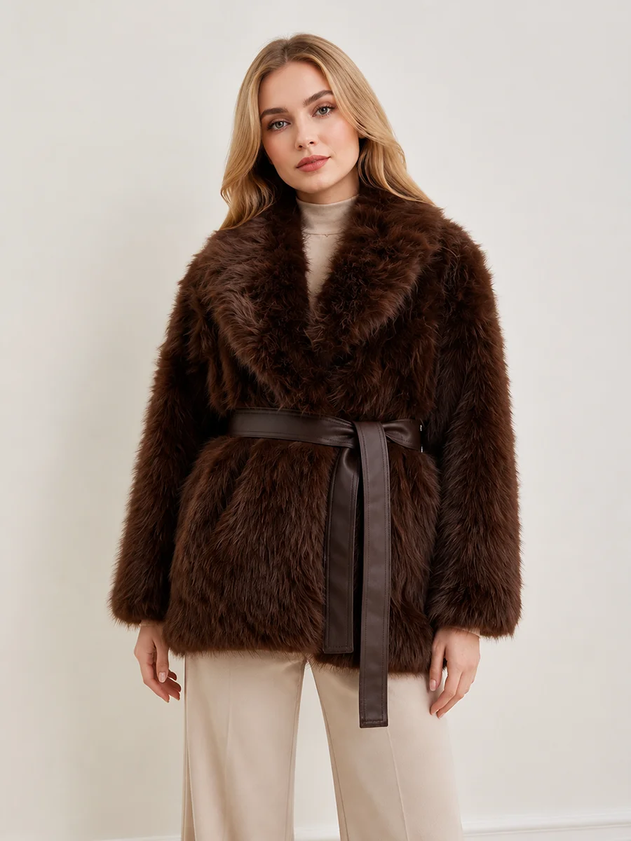 LIMO Women Shaggy Faux Fur Coat Wide Notch Lapel Matching Belt Fluffy Warm Winter Elegant Fashion Outer Jacket
