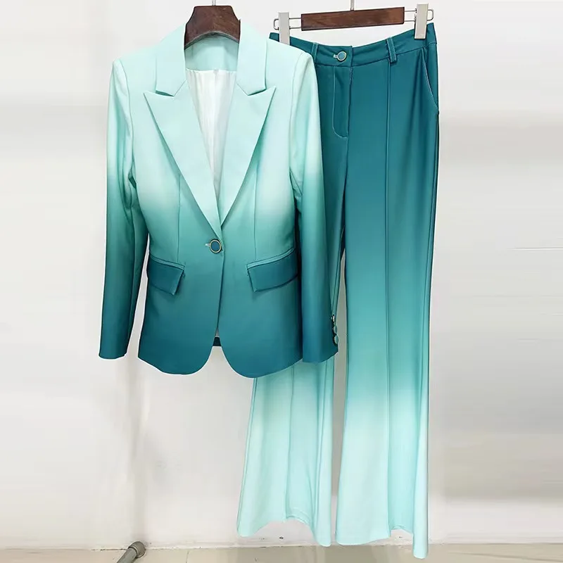 Blazer de botão único estampado gradiente colorido feminino, terno de calças flare, estilo estrela, alta qualidade, moda mais nova, 2022, 2 peças