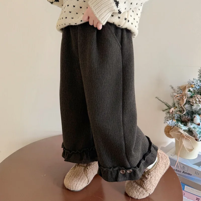 Girls' Fleece Wide-leg Pants Autumn/winter 2025 Little Girls Children's Thickened Integrated Fleece Loose Straight Pants