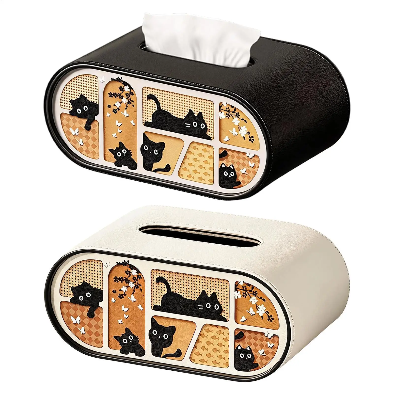 Cat Theme Rectangular Tissue Box Rounded Edge Napkin Dispenser Magnetic Suction Closed PU Leather Tissue Box Napkin Organizer