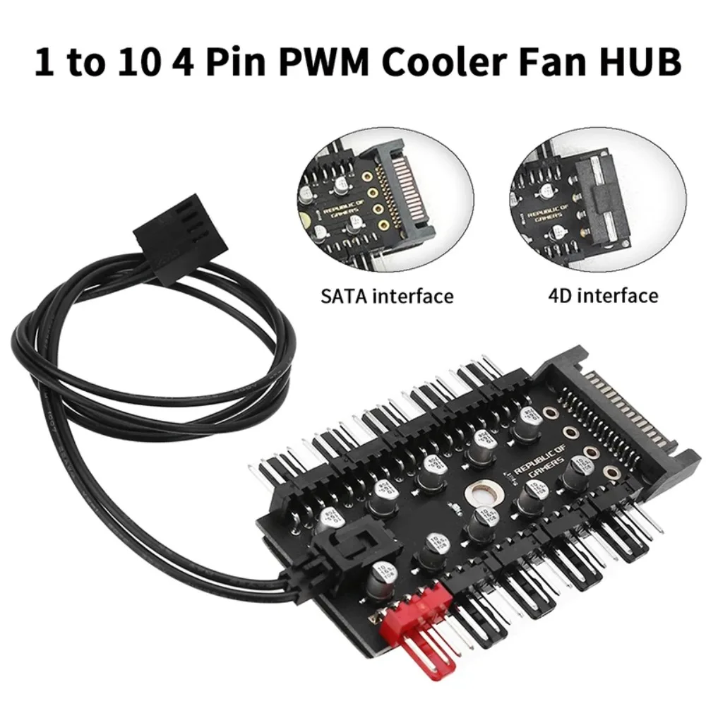 1to10 4Pin PWM Fan Hub Splitter 12V w/ RPM Feedback Cable SATA or Molex 4D Power Supply Desktop PC Cooling Concentrator Adapter