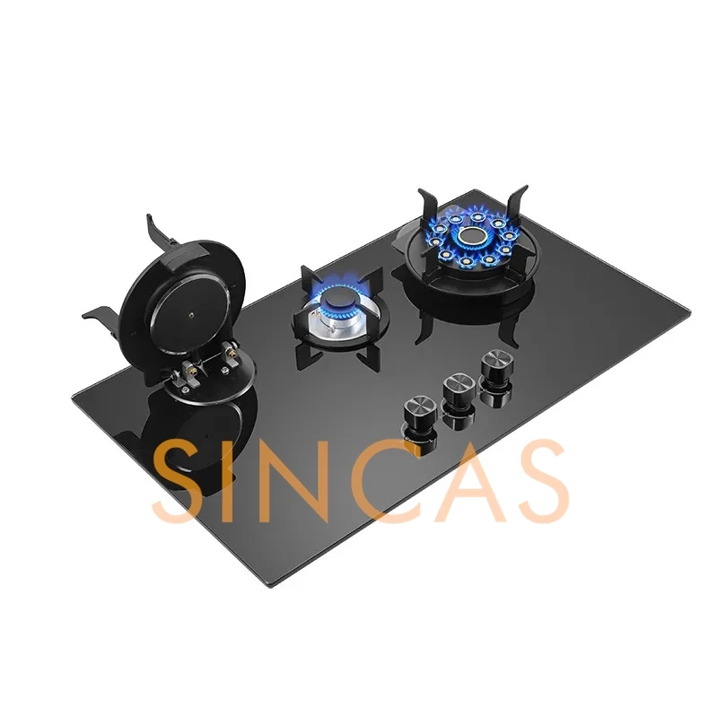 الوجه العلوي موقد النار العالي جزءا لا يتجزأ من موقد غاز زجاجي 5.2KW شرسة النار الغاز المسال/الغاز الطبيعي المنزل والتجاري 3-موقد