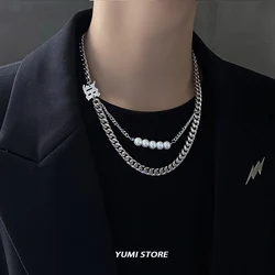 Hip Hop Pearl Letter Necklace For Man Woma Titanium Steel Double Layer Choker Jewelry Unisex Kpop Accessories Wholesale