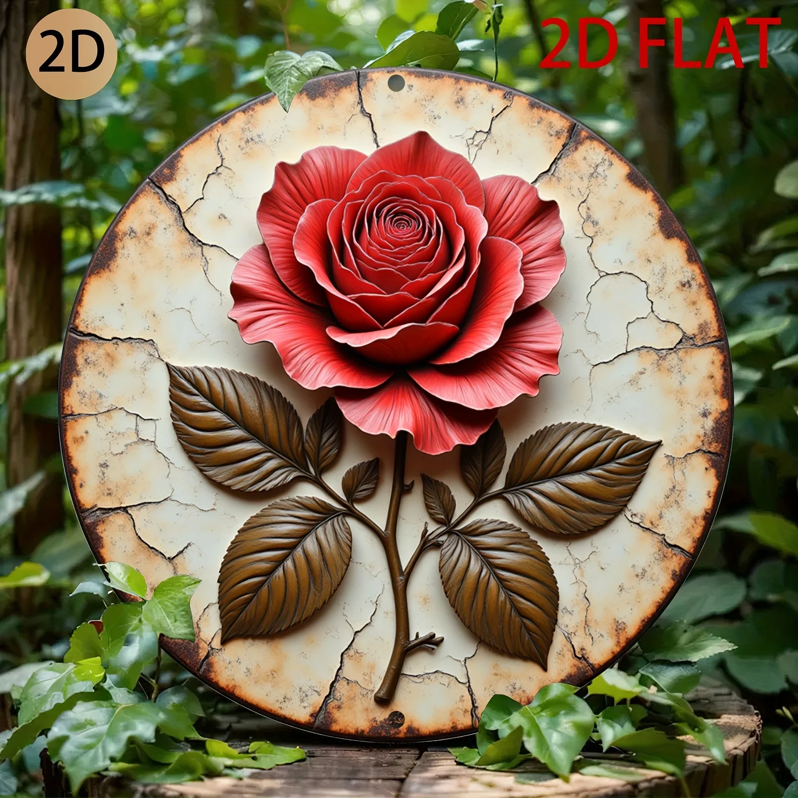 2D Flat, 2D Flat Round Metal Wall Decor, Featuring a 3D Embossed Rust Effect and Red Rose Design, Perfect for Decorating Your Ho