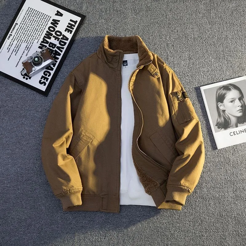 

Men's Winter Thiened Stand Collar Fce Lined Cotton Jaet Flight Coat Autumn Winter American Workwear Warmth Coat