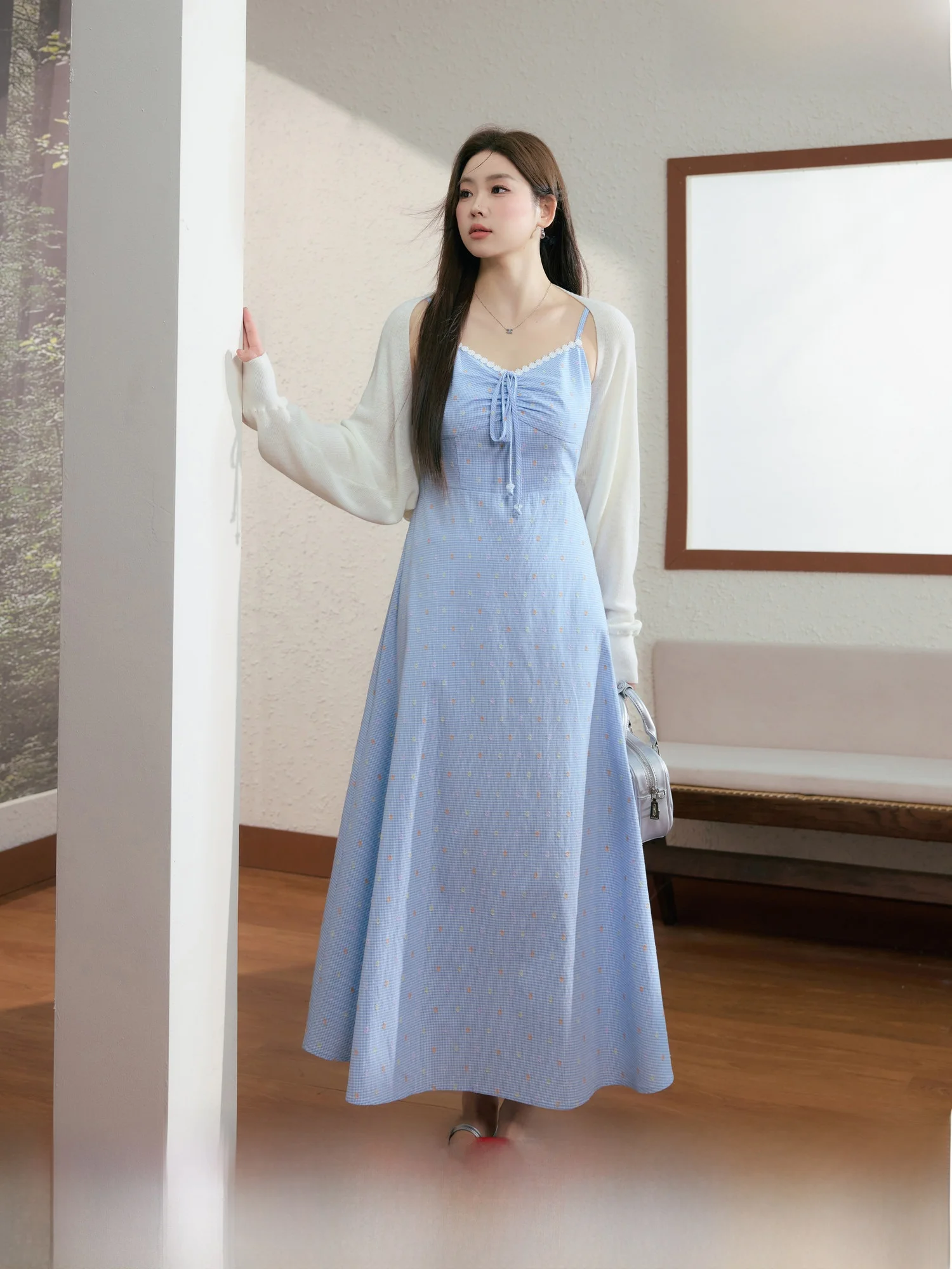 

Синий вязаный комплект-накидка большого размера с цветочной вышивкой для женщин, уникальный и красивый, для ранней весны