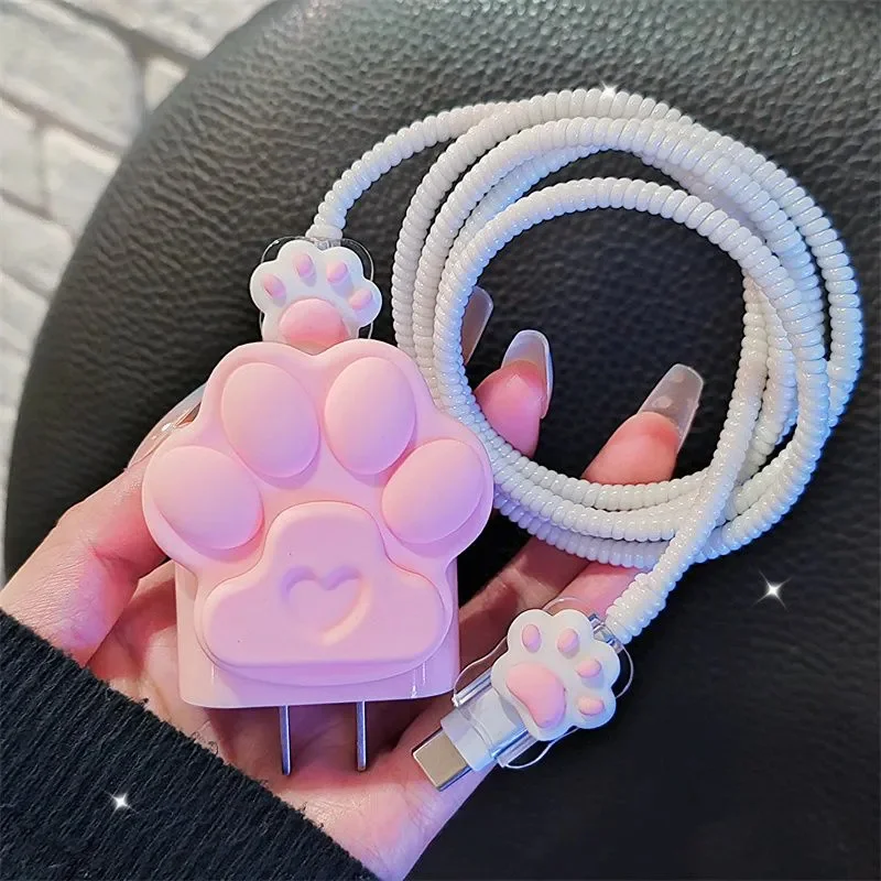 Y2K Cartoon Cute 3D Cat Paw Soft Charger Protective Case For IPhone 11 12 13 14 15 18/20W Fast Charge Protection Charger Cover