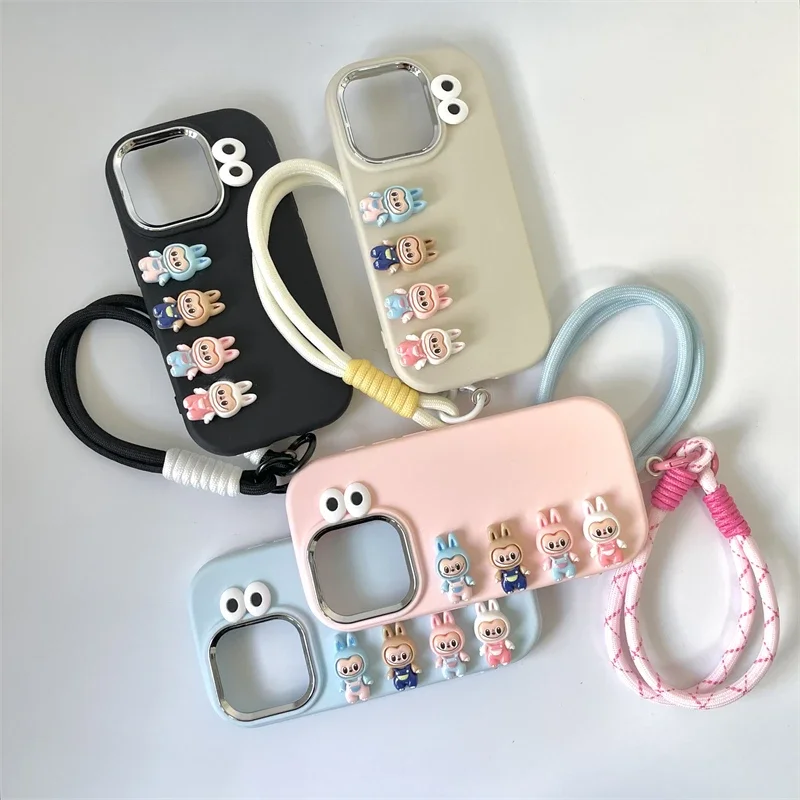 3D Labubu Cartoon Phone Case For iPhone 16 promax 15 14 Plus 13 12 11 Pro Max Mini With Wrist Strap Cute Eyes Soft Cover